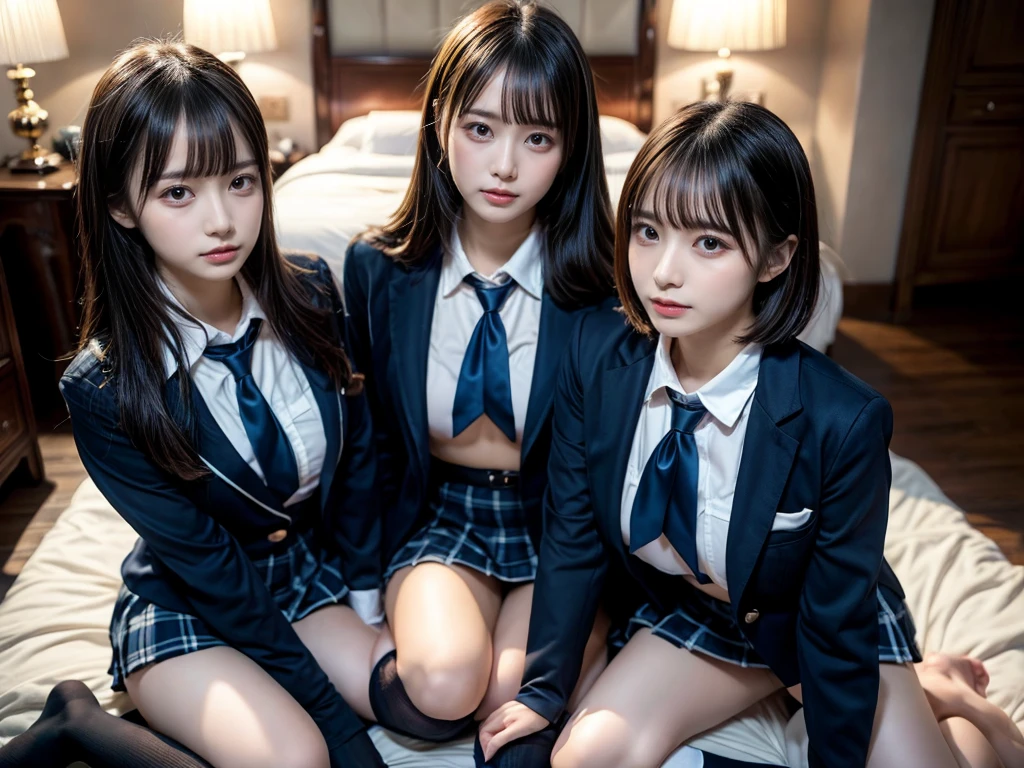 (8K, Raw photography, top-quality, masterpiece:1.2), master piece, best quality, illustration, Super detailed, fine details, High resolution, 8K,wall paper, perfect dynamic composition,(Details High quality, realistic depiction of eyes:1.3), ((2 girls, 2 schoolgirls)), The background is a luxury hotel room、High school girl uniform、blazer 、Super Short Check Uniform Skirt、Navy blue high socks、garterbelts、Colossal tits、Disturbed uniform, Play with each other,Touching each other's bodies,Touching the body of the girl next door, short bob hair, black hair color, huge breasts, Big Natural Color Lip, bold sexy pose, (perfect body shape), crying a little、cold gaze, Beautiful makeup,glitter makeup,Cutest 18 years old, beautiful legs, hposing Gravure Idol, Voluptuous thighs