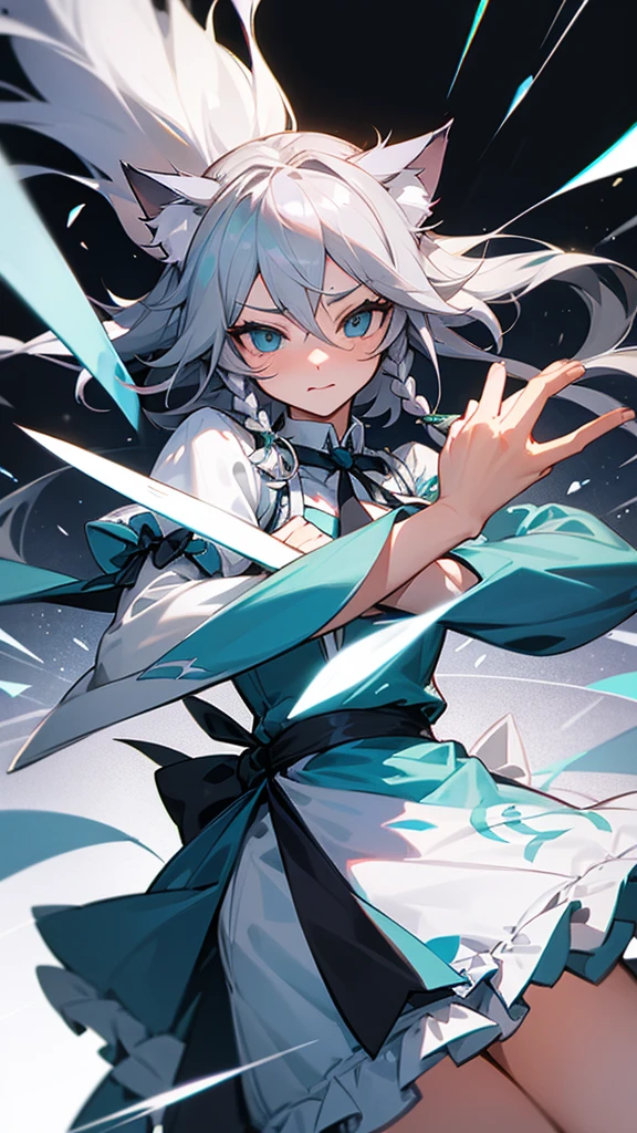 highest quality Neutral face woman I have long hair Odd Eye Gray Hair Sakuya Izayoi beautiful girl Cat ear kind Embarrassed Silver knife Sisters