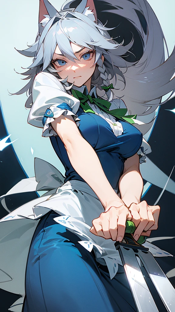 highest quality Neutral face woman I have long hair Odd Eye Gray Hair Sakuya Izayoi beautiful girl Cat ear kind Embarrassed Silver knife Sisters
