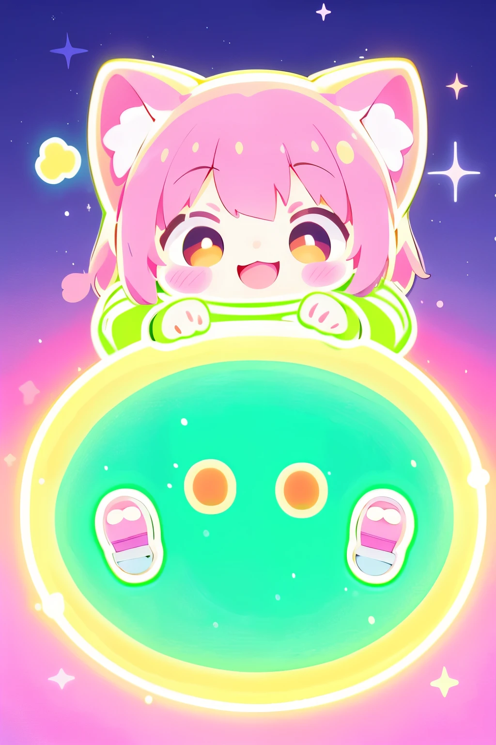 Photorealistic、whole body、Chibi Musume、smile、Cute Shoes、Neon light clothes、Floating in mid-air、Chibi Musumeの周りが球状に柔らかい光を放っている
