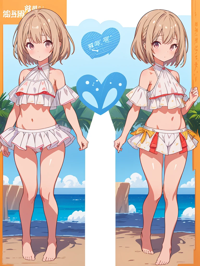 1girl、vtuber-fullbody、highest quality、Masterpiece、Official Art、The best composition、Super detailed、Standing in front of the viewer、short hair、8 heads、シンプルなbikini、Character design sheet、bikini、I don't wear clothes、Small breastany exposed areas、