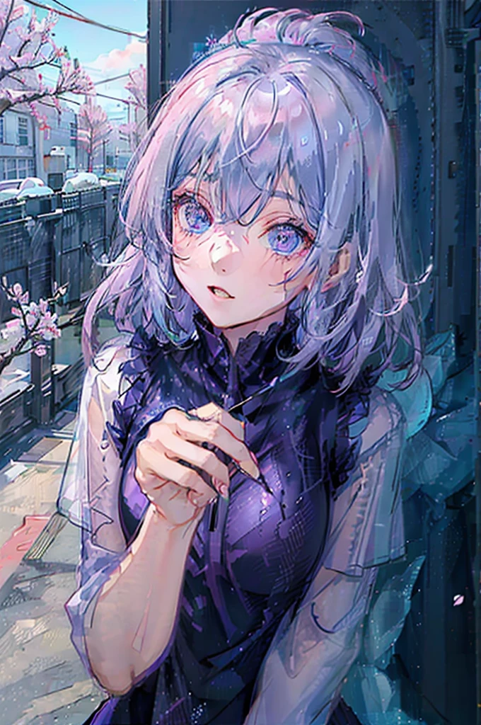 Purple and light blue gradient hair、ice、cherry blossoms、gem woman
