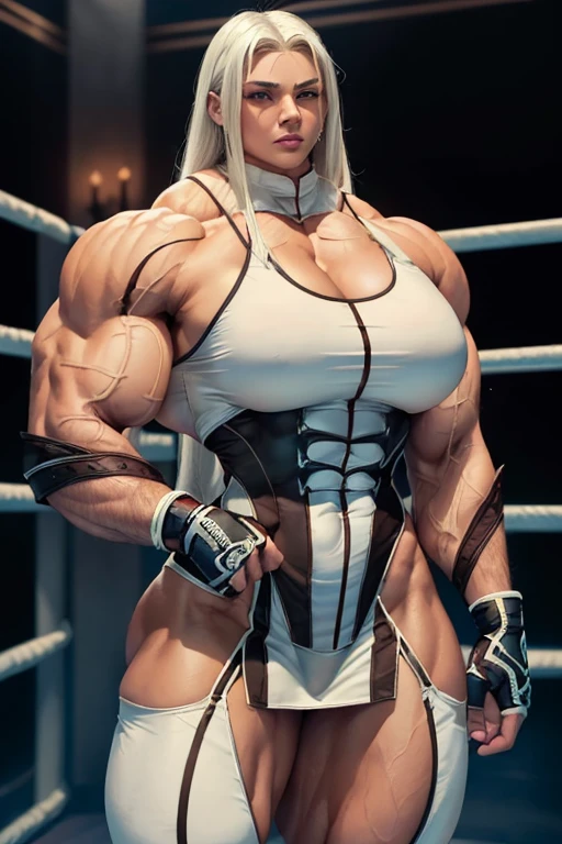 (((((Massive tall, beautiful, buff, brown skinned woman with white hair, ginormous bulky muscles and wearing a black pro wrestling suit with miniskirt))))), close view, massive muscle, massive biceps, hyper muscle shoulders, (massive muscle arms), vascular shoulders, hyper muscle triceps, (long straight hair), blue eyes, choker, (knee pads), pro wrestling boots, in a pro wrestling ring, (fingerless gloves), confident smile, night, hyper vascular arm, hyper muscles arms, hyper muscle legs, (massive arms).