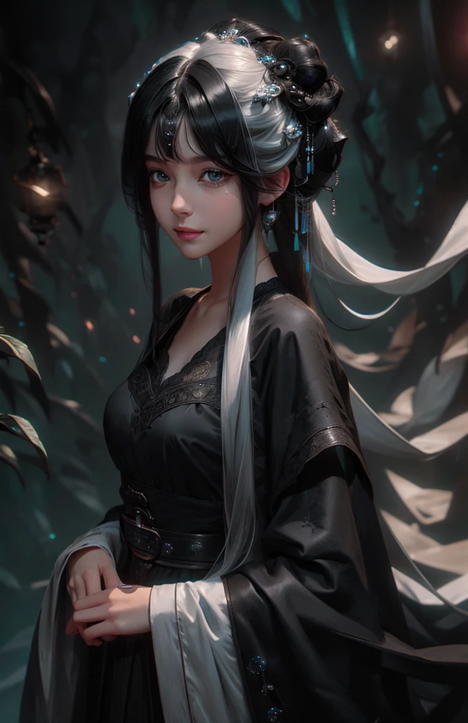 (Surreal), (illustration), (Improve resolution), (8K), (Very detailed), (Best illustration), (Beautiful and delicate eyes), (best quality), (Super detailed), (masterpiece ), ( wallpaper), (Delicate face), Solitary, 1 girl, looking at the audience, fine details, Delicate face, in the darkness, Deep Shadows, Low profile, purebred face_V1, Smile, long hair, Black shawl straight hair , Side bangs, masterpiece, best quality, 35 mm, 8K, absurd, beautiful girl, (Upper Body, Dark gray background:1.4), (black classic dress, Black Hair:1.6), slim, Dark Studio, Edge lighting, Surreal, High resolution, photography, Film Grain, Chromatic Aberration, Depth of Field, Clear focus, HDR, Surface light, Dynamic Lighting, movie lighting, Professional shadowing, Dark Shadows, The most detailed, Extremely detailed, Super detailed, Fine details, Genuine Leather, Exquisite facial features, Delicate face and eyes, Sharp pupils, Realistic students, long Black Hair with bangs, Black Hair top, white hair undercolor, Two-tone split hair , Two-tone split hair black and white color hair,Black Hair, white hair, Mix hair colors,Green Eyes, white hair emerald eyes. white hair