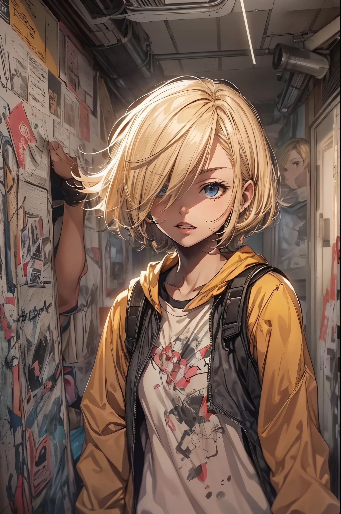 ((20-year-old woman,Blonde short bob hair,she’s walking through an empty room)),Huge kids room,nobody’s room,A room with children’s graffiti,Messy room,Dim electricity,Dimly lit room,There are many long and thin monsters,Uneasy atmosphere