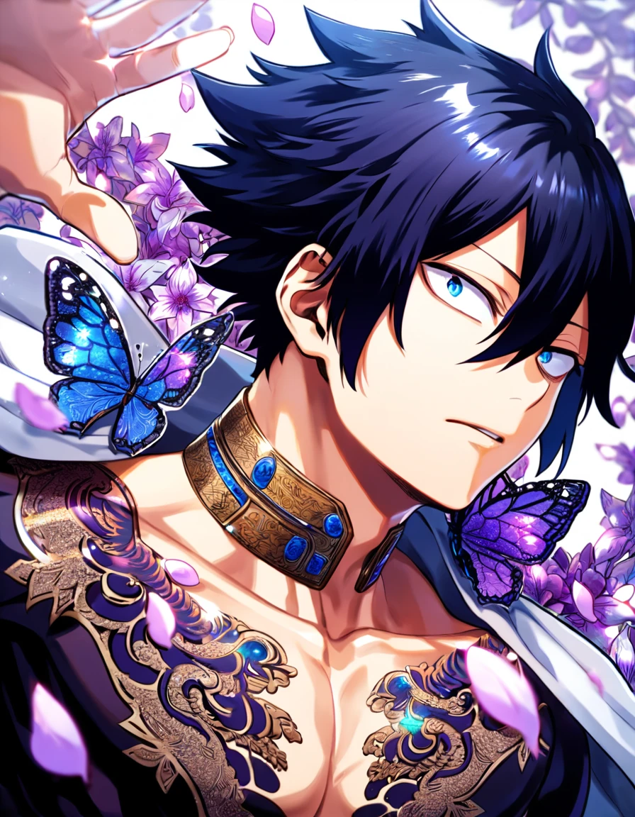 Ultra detailed, HDR, Highres, absurdres, master piece, Amajiki Tamaki, dark blue hair, hair between the eyes, expressive blue eyes, Boku No hero Academia, purple glittering butterflies, petals, fantasy, purple flowers, sexy man, solo, extremely detailed face and eyes, handsome, glittering, toned chest, black shirt with patterns, white cape, tattoo on his neck,