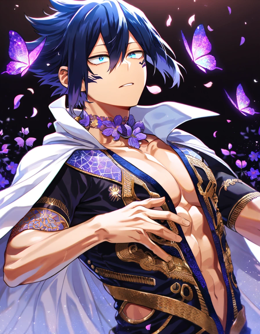 Ultra detailed, HDR, Highres, absurdres, master piece, Amajiki Tamaki, dark blue hair, hair between the eyes, expressive blue eyes, Boku No hero Academia, purple glittering butterflies, petals, fantasy, purple flowers, sexy man, solo, extremely detailed face and eyes, handsome, glittering, toned chest, black shirt with patterns, white cape, tattoo on his neck,