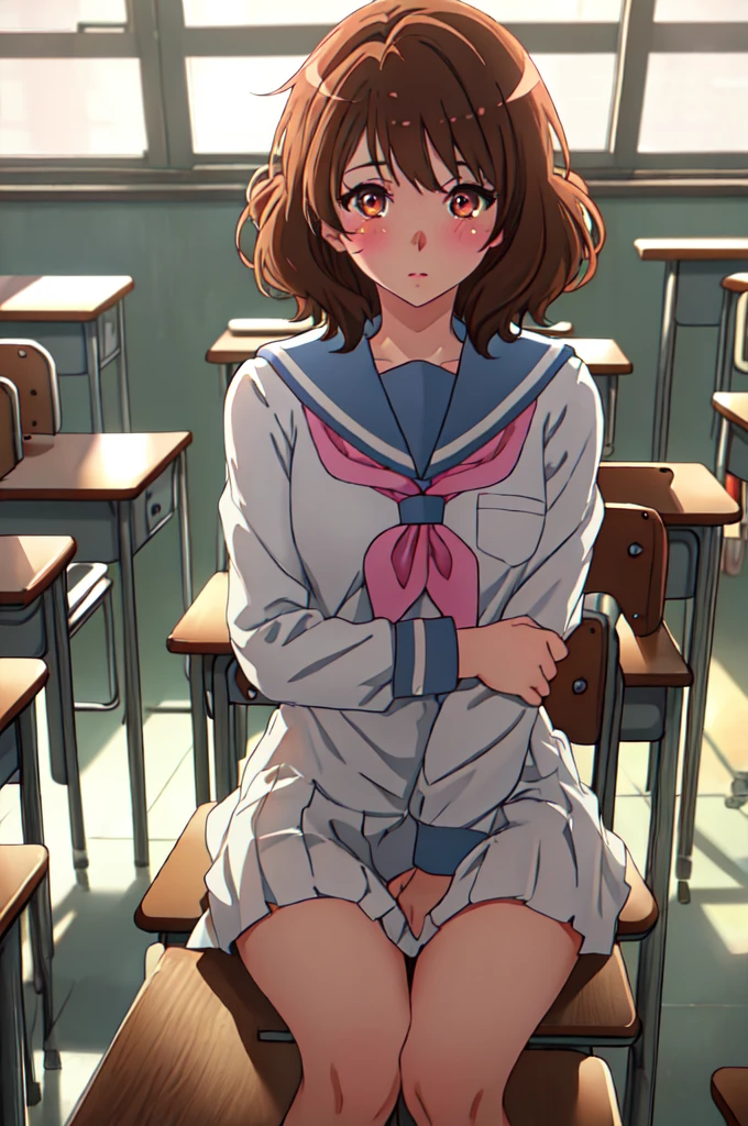 masterpiece, absurdres, best quality, (extremely detailed eyes and face), natural skin texture, detailed skin, sharp focus, intricate details, natural lighting, perfect body),1girl, brown_hair, short_hair, brown_eyes, blush, serafuku, bangs,pov,classroom,seductive posture