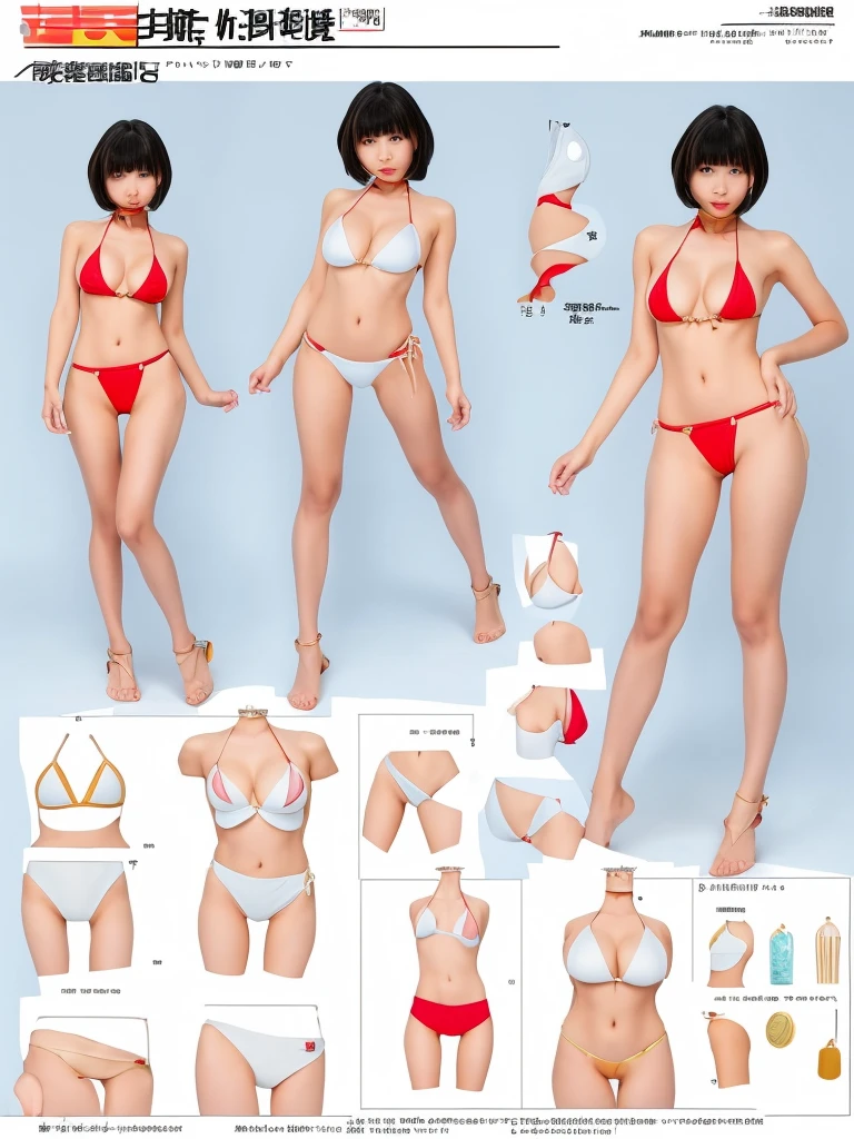 1girl、vtuber-fullbody、highest quality、Masterpiece、Official Art、The best composition、Super detailed、Standing in front of the viewer、short hair、8 heads、シンプルなbikini、Character design sheet、bikini、I don't wear clothes、Small breastany exposed areas、