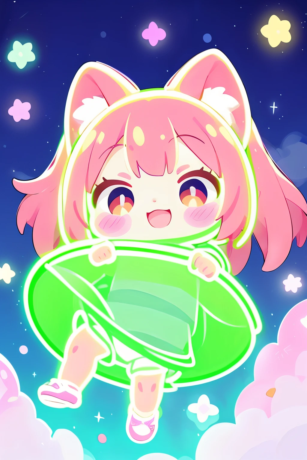 Photorealistic、whole body、Chibi Musume、smile、Cute Shoes、Neon light clothes、Floating in mid-air、Chibi Musumeの周りが球状に柔らかい光を放っている