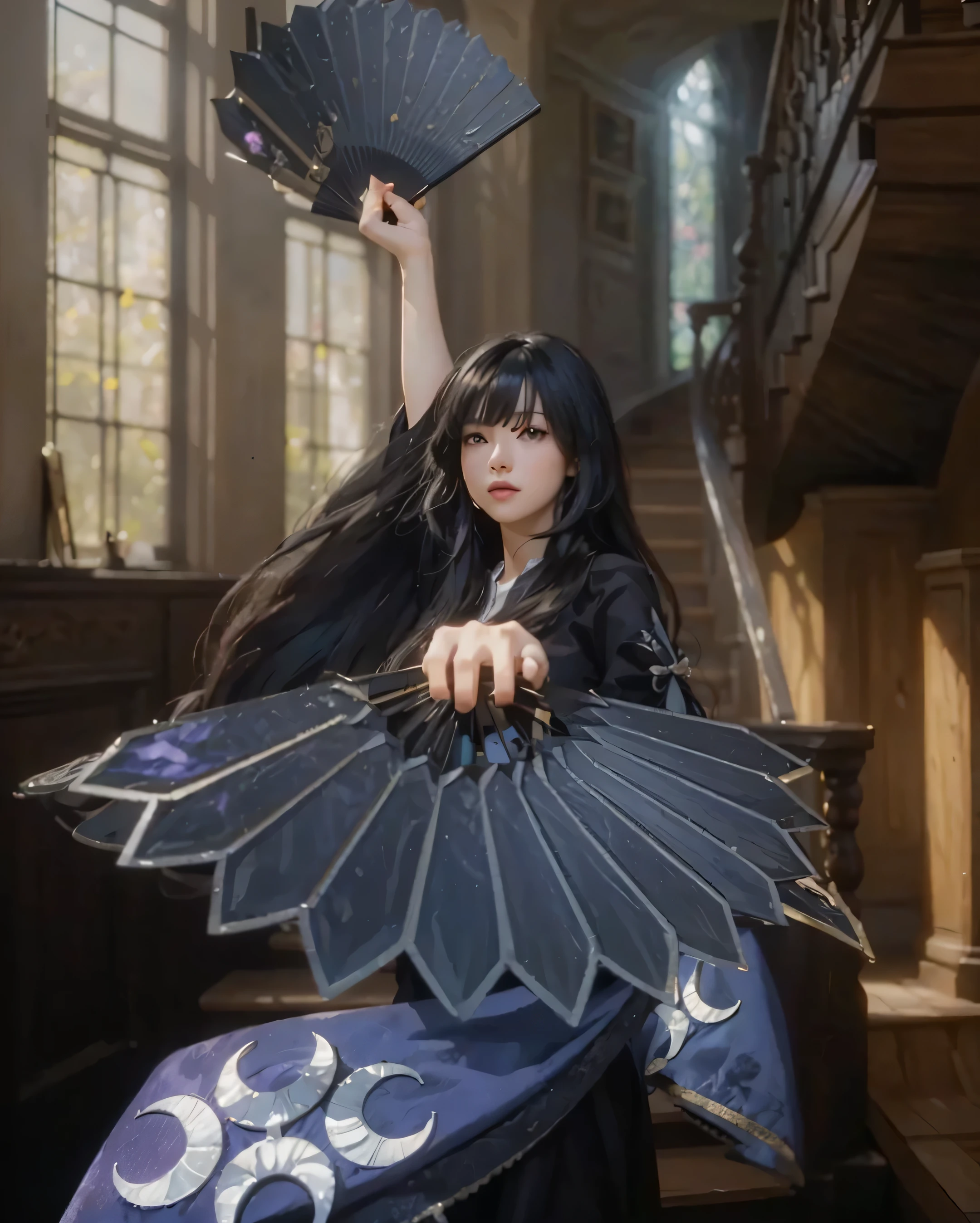 ((GLASS_THE RISING OF THE SHIELD HERO)),((realistic, photorealistic)),(highlight hair)), Light reflection, (( HD )),((upper body)), (((best quality, masterpiece))), (masterpiece) (best quality) (detail) (8k) (HDR) (wallpaper) (cinematic lighting) (sharp focuasterpiece, best quality: 1.1), Real life adaption of this character, Asian beauty face, Shining green eyes, realistic outfit, realistic shadow, realistic light, realism, hyper realistic, realistic background,Realistic hair, realistic hair at the back,(photorealistic:1.2), 1girl,Staircase Room Background, holding a hand fan,Metal hand fan, sunlight from the window, flowing black hair, back light,