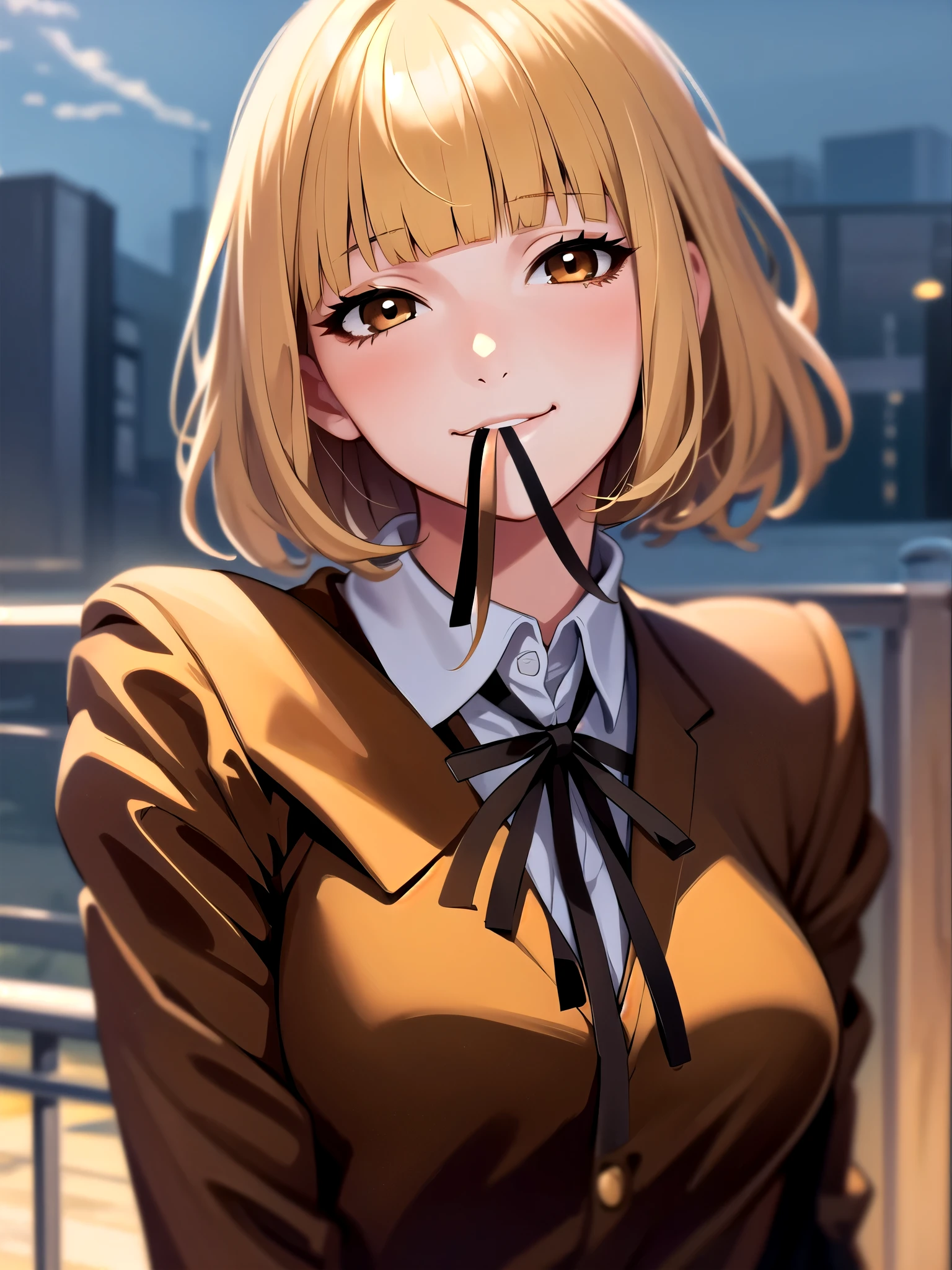 (masterpiece,highest quality, detailed), One girl, alone, Outdoor, evening, Upper Body, smile, Mouth closed, Squint your eyes, eyelash,
midorikawa hana, Brown jacket, Neck ribbon, Collared shirt, 