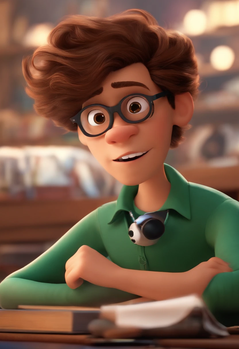 Menino estilo desenho animado, Pixar, cabelo muito curto, Glasses making design on the computer