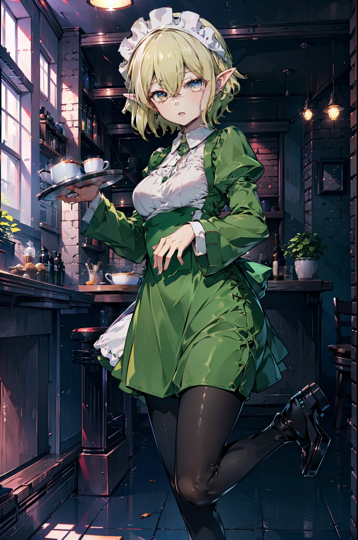 Ryurion, Ryu Lion, Blonde Hair, blue eyes, Fairy, Hair between the eyes, Pointed Ears, short hair, (Small breasts:1.2),
Break apron, black pantyhose, dress, green dress, Long sleeve, Maid, Maid apron, Maid headdress, pantyhose, White apron,tray, tray in one hand,Stiletto heels,
壊す looking at viewer,whole body, (Cowboy Shot:1. 5)
Break indoors, Destroy the coffee shop (masterpiece:1.2), highest quality, High resolution, unity 8k wallpaper, (figure:0.8), (Beautiful fine details:1.6), Highly detailed face, Perfect lighting, Highly detailed CG, (Perfect hands, Perfect Anatomy),