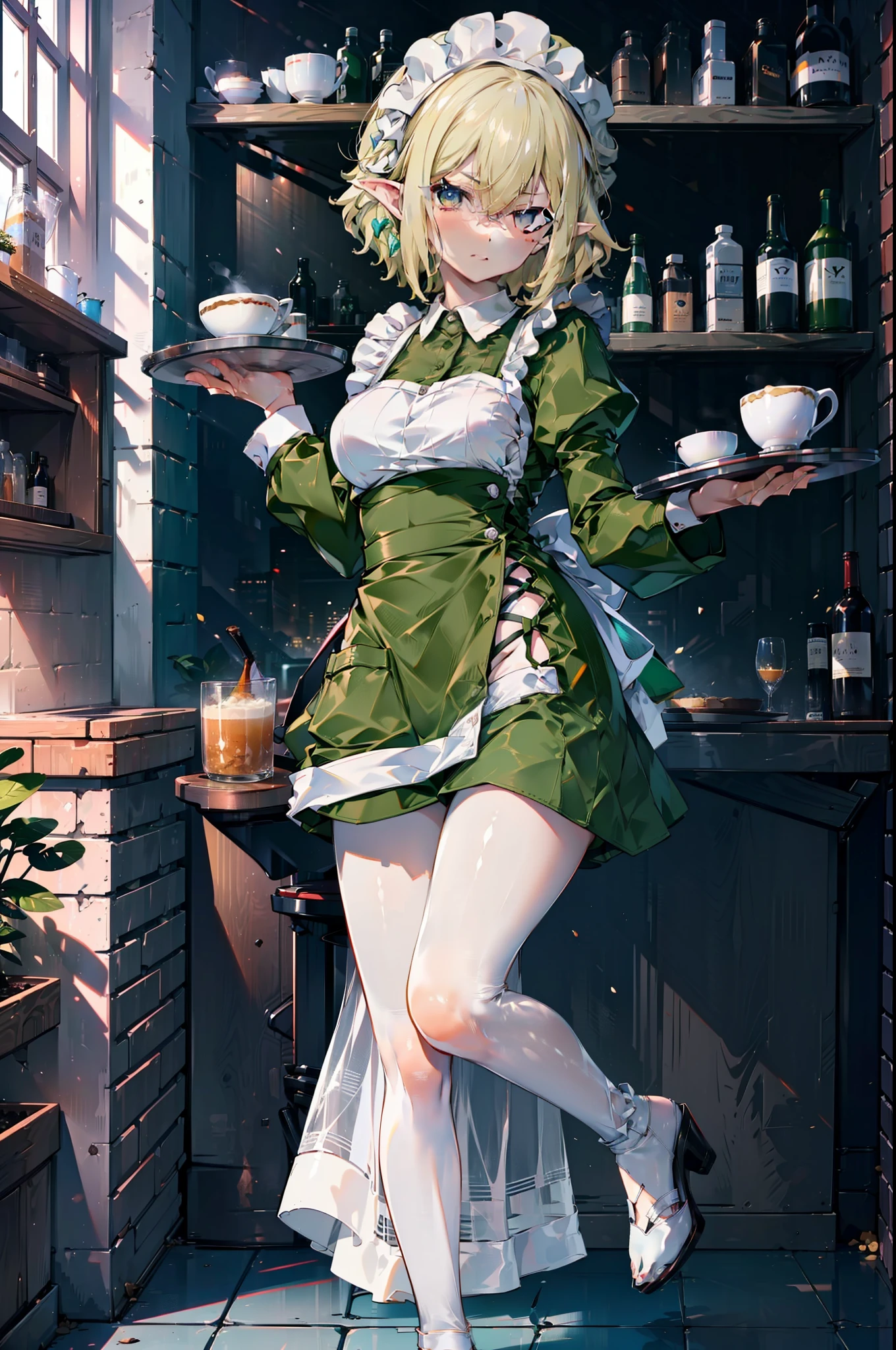 Ryurion, Ryu Lion, Blonde Hair, blue eyes, Fairy, Hair between the eyes, Pointed Ears, short hair, (Small breasts:1.2),
Break apron, black pantyhose, dress, green dress, Long sleeve, Maid, Maid apron, Maid headdress, pantyhose, White apron,tray, tray in one hand,Stiletto heels,
壊す looking at viewer,whole body, (Cowboy Shot:1. 5)
Break indoors, Destroy the coffee shop (masterpiece:1.2), highest quality, High resolution, unity 8k wallpaper, (figure:0.8), (Beautiful fine details:1.6), Highly detailed face, Perfect lighting, Highly detailed CG, (Perfect hands, Perfect Anatomy),