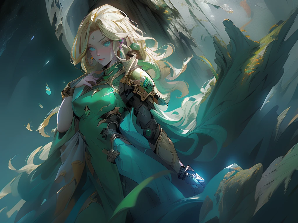 (masterpiece, best quality, 8k, 1girl, full body, mage, sci-fi, shoulder armor pad, golden hair, green eyes, holding staff, casting spell, scenery, full moon, realistic illumination, detailed facial features, cinematic lighting, dramatic poses, intricate details, volumetric lighting, dramatic atmosphere)