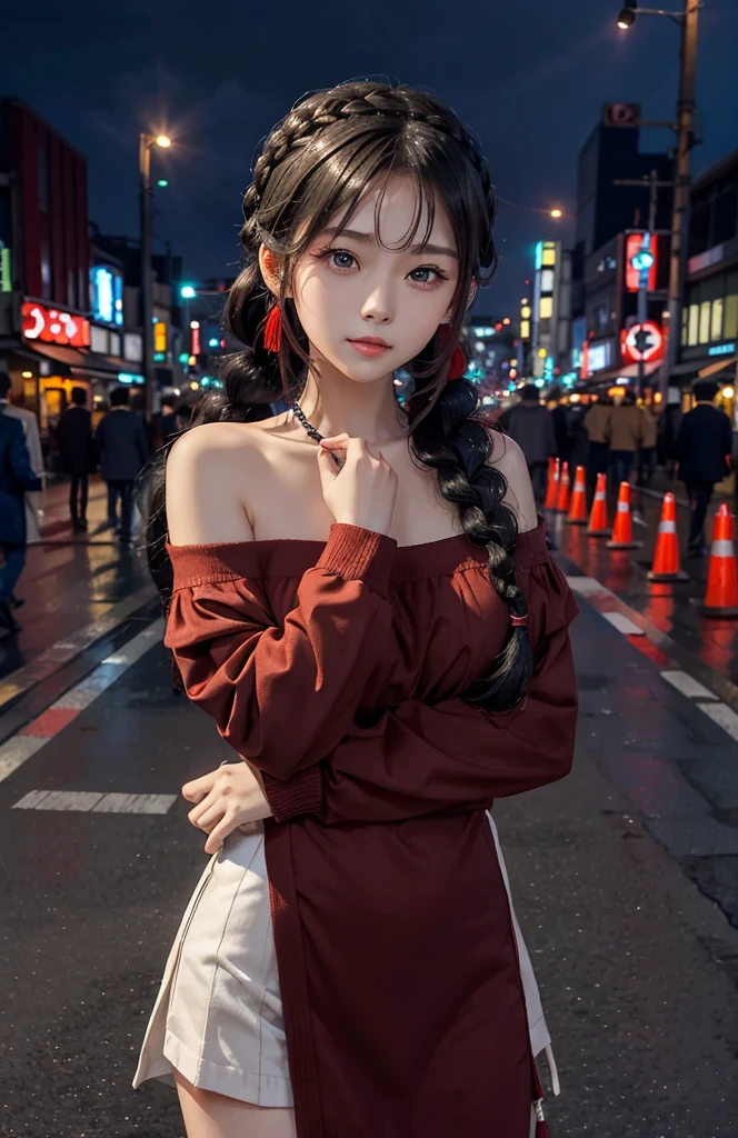 1 Girl, Tokyo Street,night, city View,City Lights, Upper Body,close-fitting sweater,close up, 8K, original photo, best quality, masterpiece,Practical, photo-Practical,Red rose headdress, Parted bangs, long hair,蓬勃後long hair,(braid,細braid,braid在臉二側),Headbands, Large Breasts,Show your shoulders