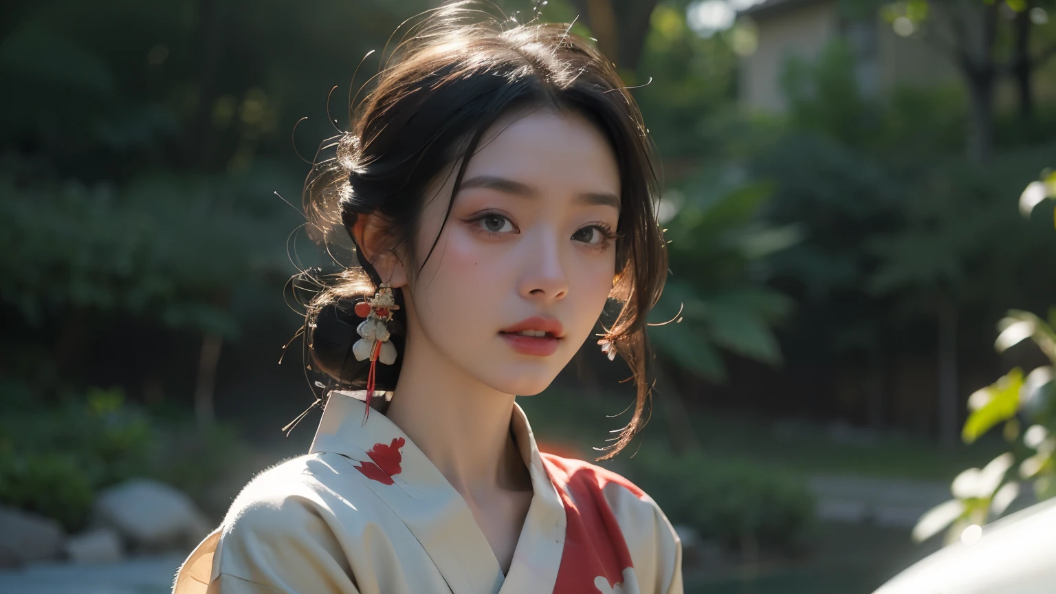 geisha、Red kimono、Inhale smoke, Standing on a plateau、Cinema Lighting, Ray Tracing, viewing angle, Eye-level shot, 4k, masterpiece, Textured skin, 4K, highest quality、