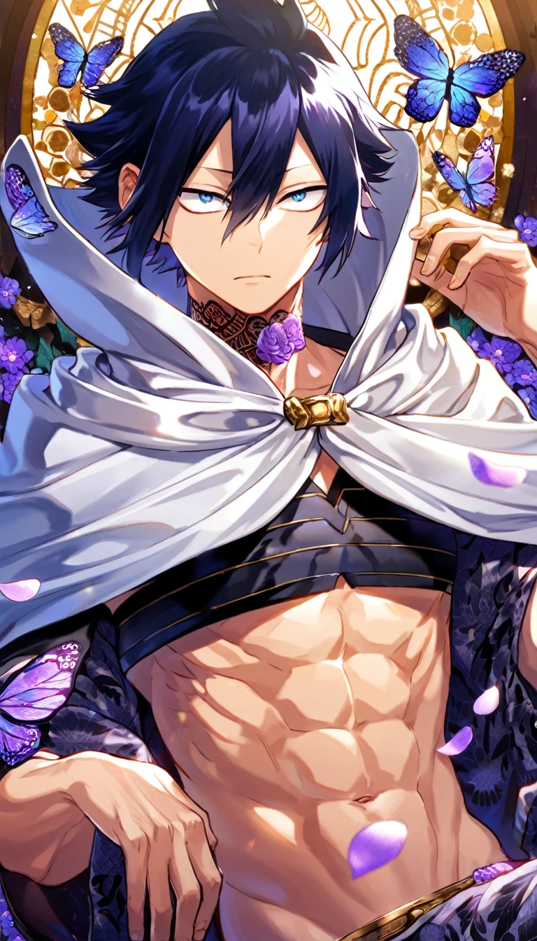 Ultra detailed, HDR, Highres, absurdres, master piece, Amajiki Tamaki, dark blue hair, expressive blue eyes, Boku No hero Academia, purple glittering butterflies, petals, fantasy, purple flowers, sexy man, solo, extremely detailed face and eyes, handsome, glittering, toned chest, black shirt with patterns, white cape, tattoo on his neck, sitting