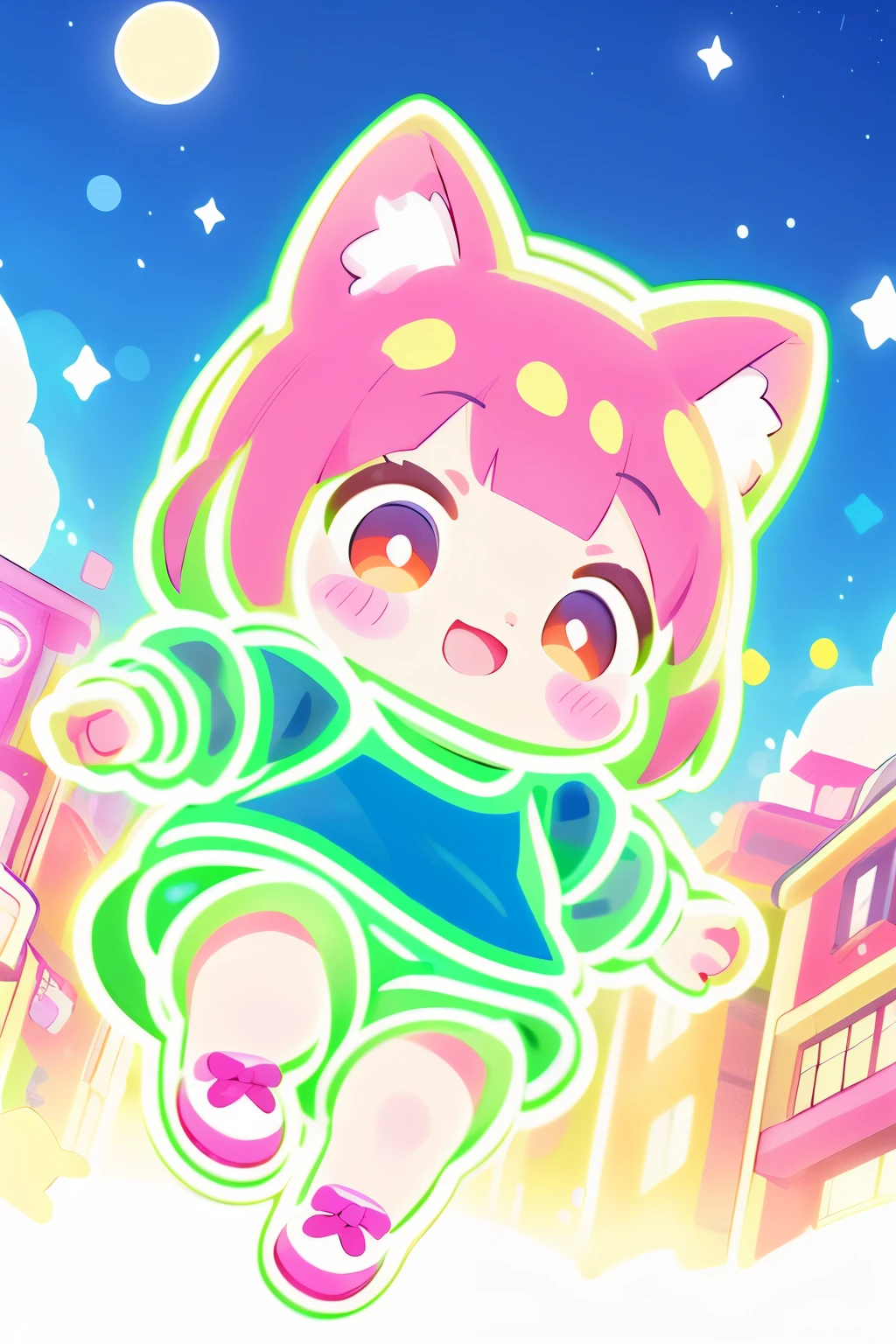 Photorealistic、whole body、Chibi Musume、smile、Cute Shoes、Neon light clothes、Floating in mid-air、Chibi Musumeの周りが球状に柔らかい光を放っている、In town