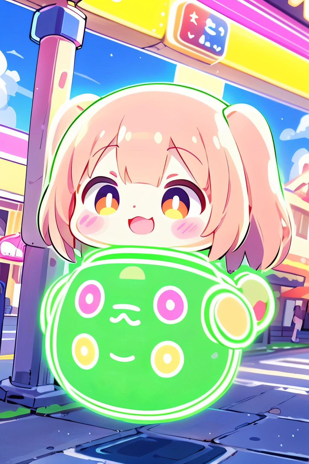 Photorealistic、whole body、Chibi Musume、smile、Cute Shoes、Neon light clothes、Floating in mid-air、Chibi Musumeの周りが球状に柔らかい光を放っている、In town
