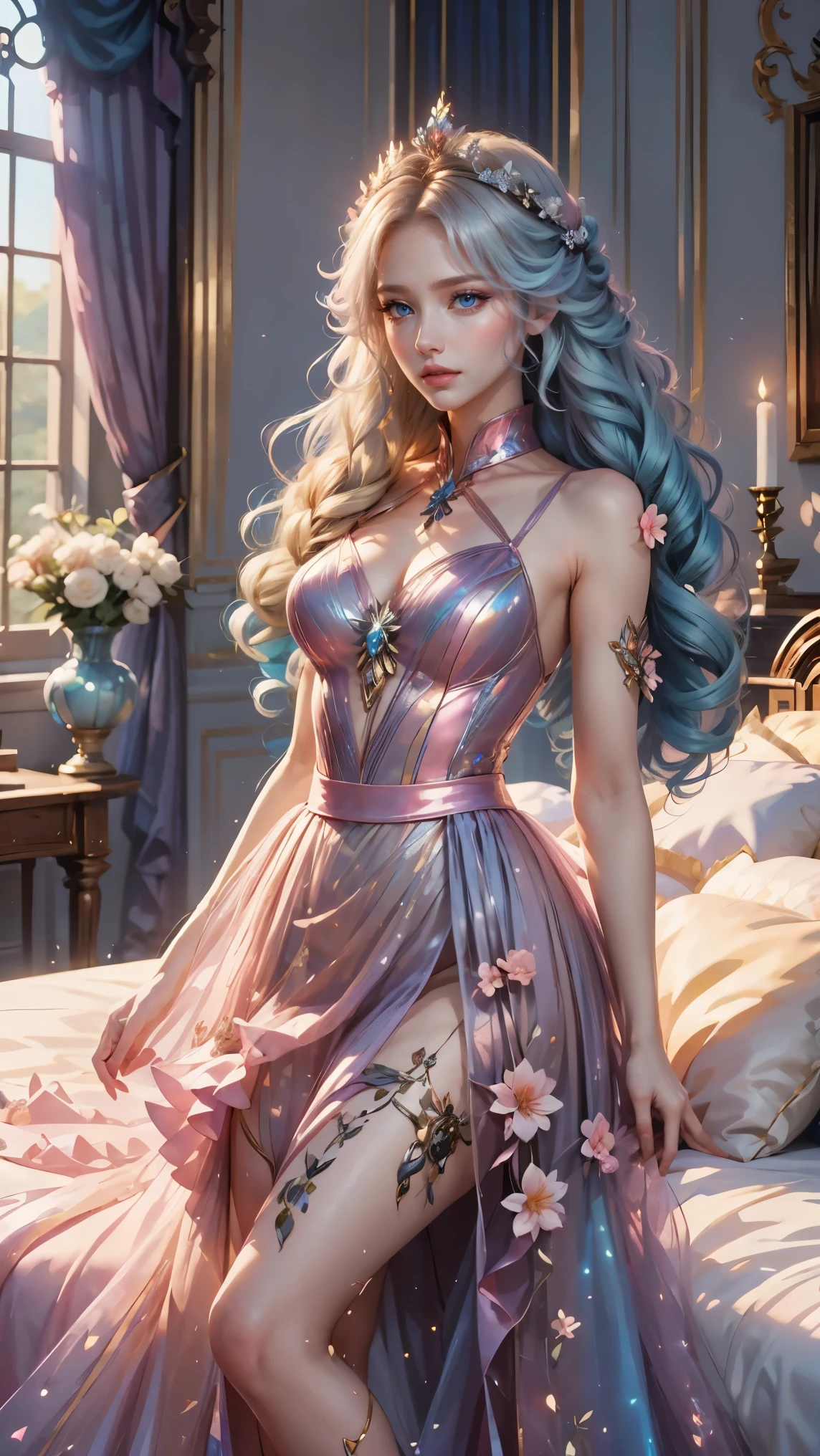 Best quality, masterpiece, ultra high res, raw photo, beautiful and aesthetic, deep shadow, fairy theme,(ultra detailed:1.3),
1girl, standing pose, flower headdress, drill hair, long hair, blonde hair, gradient hair, yellow eyes, solo, huge breasts, big hair, blue hair, divine goddess, looking at viewer, indoors, queen bedroom, empress bed, room full of curtain, astraea, full body, pink dress, crystalline dress, transparant dress,