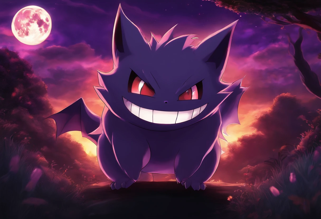 Generate an image with the pokemon character gengar in the middle around him purple fire behind him a moon and on top a writing saying “run away from the ghosts”
