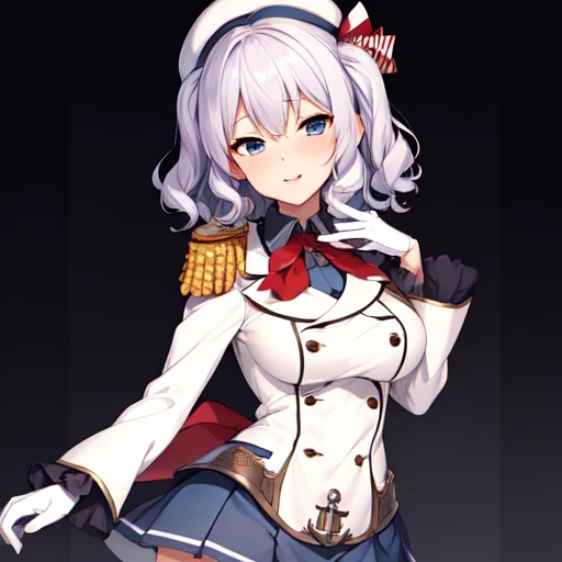 (masterpiece, best quality:1.2),giggle,A hand touched his chest,illustration,8K,HD,1 girl,solitary,portrait,blush,white hair,blue eyes,curls,Double tail,Berets,Epaulettes,Ruffled sleeves,Jacket,Large Breasts,Long sleeve,,mini skirt,Pleated Skirt,Red tie,White gloves,anchor,Solid color background