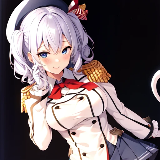 (masterpiece, best quality:1.2),giggle,A hand touched his chest,illustration,8K,HD,1 girl,solitary,portrait,blush,white hair,blue eyes,curls,Double tail,Berets,Epaulettes,Ruffled sleeves,Jacket,Large Breasts,Long sleeve,,mini skirt,Pleated Skirt,Red tie,White gloves,anchor,Solid color background