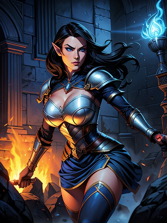 Hyper realistic cinematic ultra hd full body,dark fantasy,vibrant lights,full moon night,indian girl, warrior,symmetrical extremely beautiful face, confident,smile,sharp nose, shiny blue eyes, wearing war clothes, athletic muscular body,long black hair,robust arms,thin and slim waist,firm abdomen, holding sheild in the left hand, holding sword glowing with thunder lightning in right hand, standing in the battleground,big breasts and big thick thighs,chest and hips covered by the lightning armour