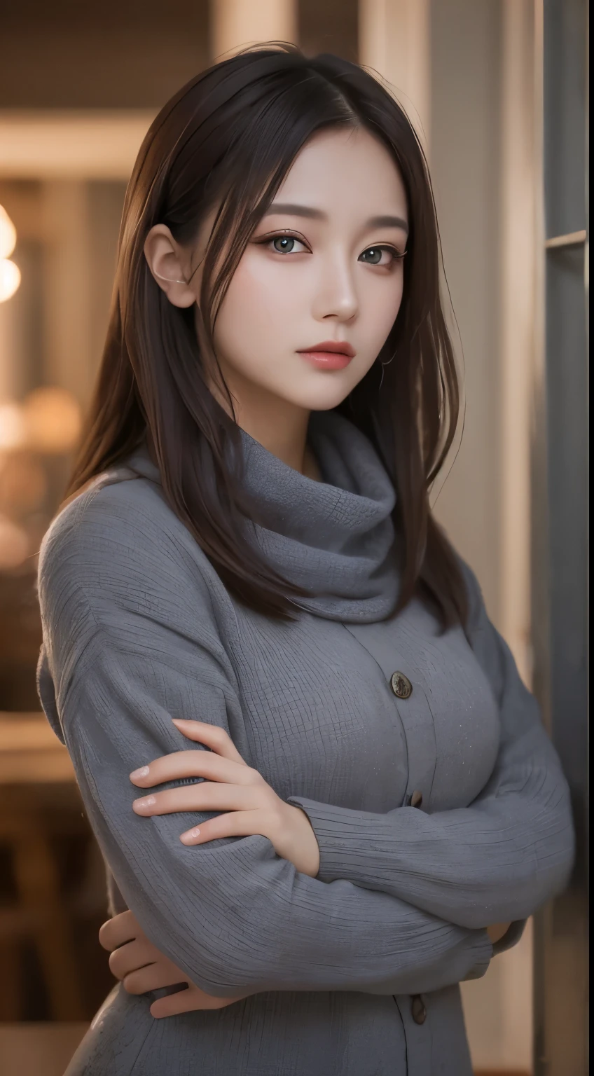 Tabletop, highest quality, shape, Very detailed, finely, High resolution, 8k wallpaper, Perfect dynamic shape, Beautiful and beautiful eyes, Winter women's fashion,Straight hair,Small breasts、Natural color lip, Bold sexy pose,smile、20-year-old girl、cute、sexy shot looking at camera,Night view,Beautifully detailed face、KPOP idol faces,Japanese idol faces,Elegant face,Classy woman,Slim face and body,Small face,Big eyes,Very cute face,Putting on gal makeup