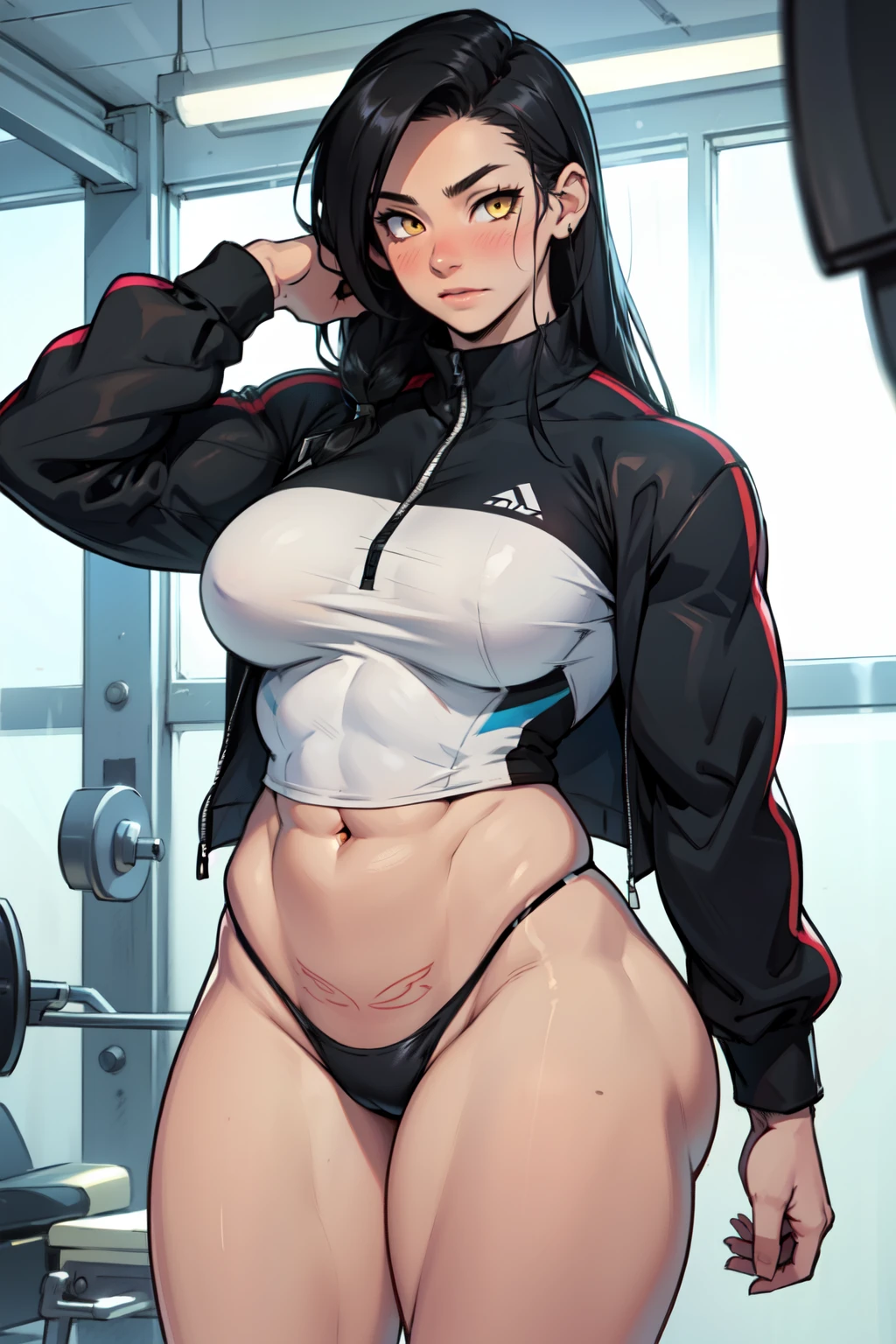 ((1girl)) pale skin large breasts (muscular) toned body thick thighs black hair yellow eyes (long hair) bodybuilder shirt blushing best quality hair flaps perfect anatomy swimsuit