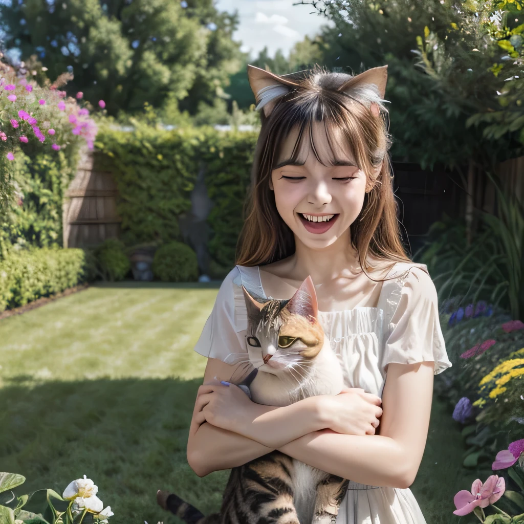 TOP quality,8K, masterpiece, (realistic:1.2), (1girl, cat:1.2), (laugh:1.3), (garden),