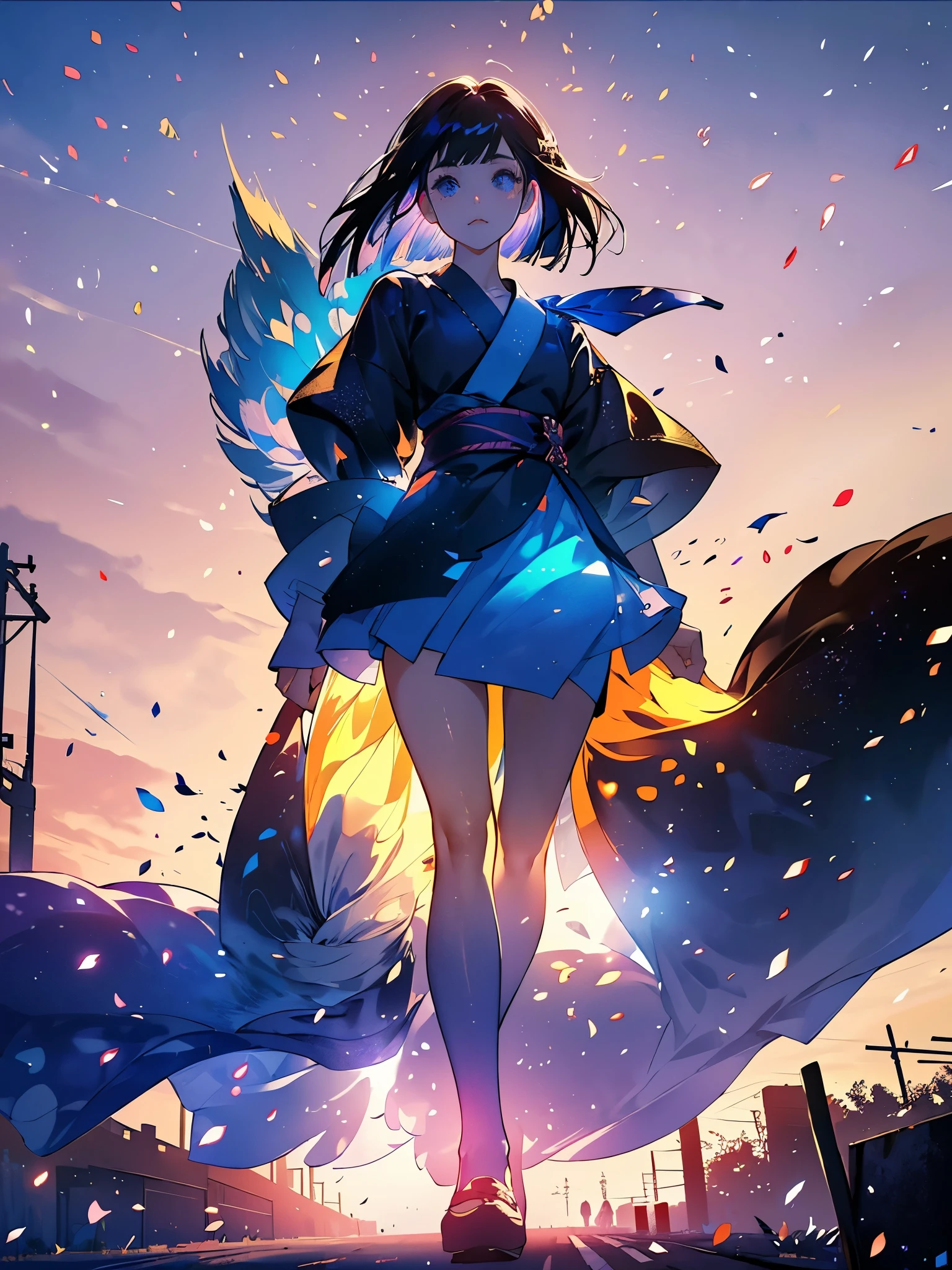 A girl fairy, walking through the streets of Tokyo among people, convenience stores in the field of vision, people crossing the center of Tokyo, (((the fairy has navy blue eyes, white shot bob hair, and walks down the street looking to the sides ))), {extremely detailed 16k CG unit wallpaper}, expansive landscape photography, (a low view focusing on the character and setting), (wide open field view), (low angle shot) , (high light: 1.5), (low light: 1.2), (warm light source: 1.2), complex details, (iridescent colors: 1.2), (bright lighting), (atmospheric lighting), dreamy
