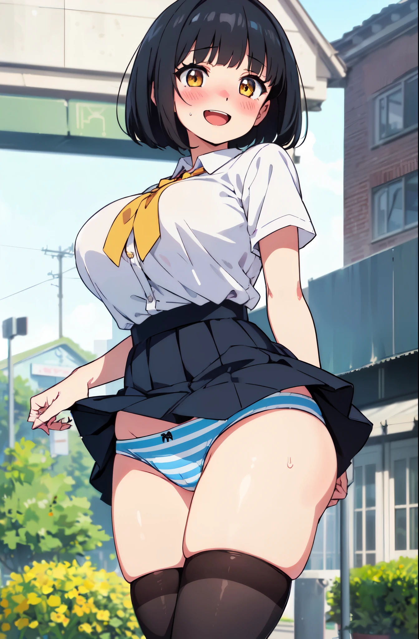 ((Table t○p, highest quality, Hi-Res Lucifer,Anime Screen Capture、Pixel perfect, 8k, nsfw)))、Perfect Anatomy、(((Huge breasts、Wide Hips、Wide ass)))、(((Bobcut、Blunt Bangs)))、(((Skirt flipped up by the wind、White Shirt、Black Mini Skirt、Blue striped panties)))、Sweat, vapor,(Yellow Eyes)、((Black Hair)),  ((((:d、blush))))、(((In town)))、