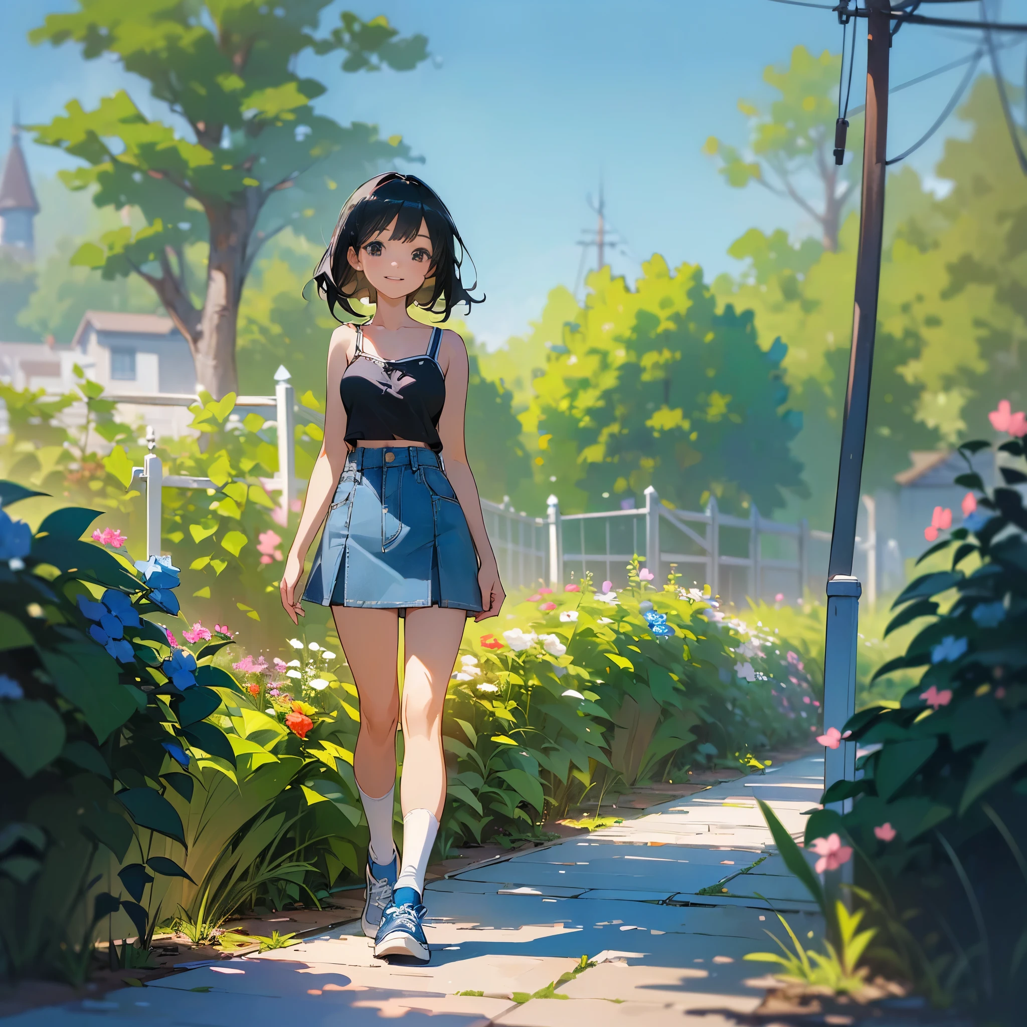 (high quality, High resolution, Very detailed, reality:1.37), Peaceful atmosphere, (Outdoor, garden), Teenage girl standing alone, (my breasts are big.), Beautiful details, Cute Smile, (Black bob hair), camisole, Denim skirt, Blue socks, sneakers.