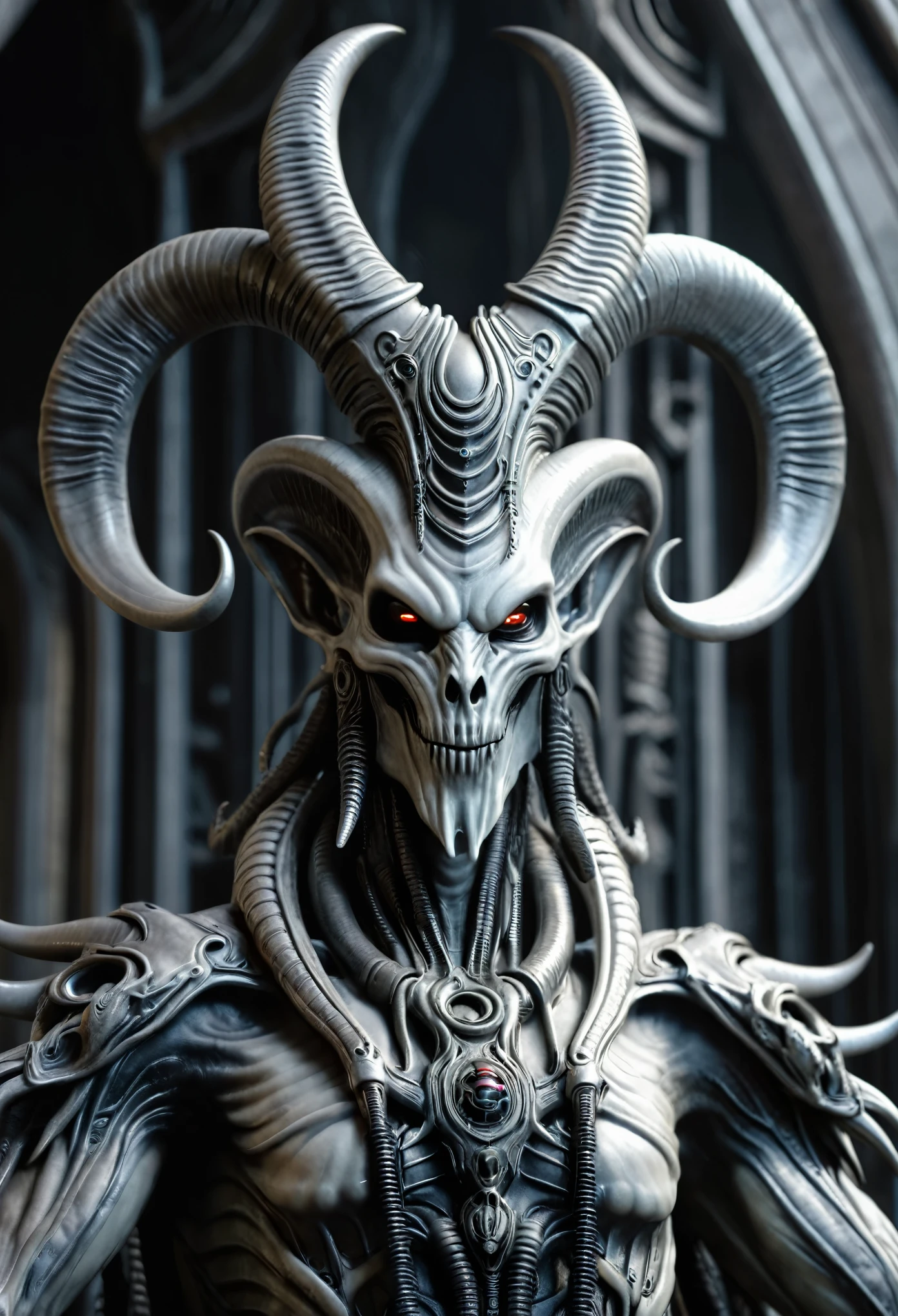 A Baphomet, solo, upper body, looking at viewer, photorealistic, 8k, unreal engine, inspired by HR Giger, half body portrait, highly detailed, insanely octane render trending, photo realistic, cinematic, movie still, captured in the style of Sony Alpha A7 III camera