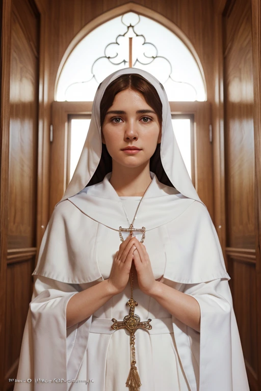 POSTER (photography) 3D PIXAR STYLE. Our Lady of Fatima, white woman, with white clothes and cloak, hands together and rosary in her hand
