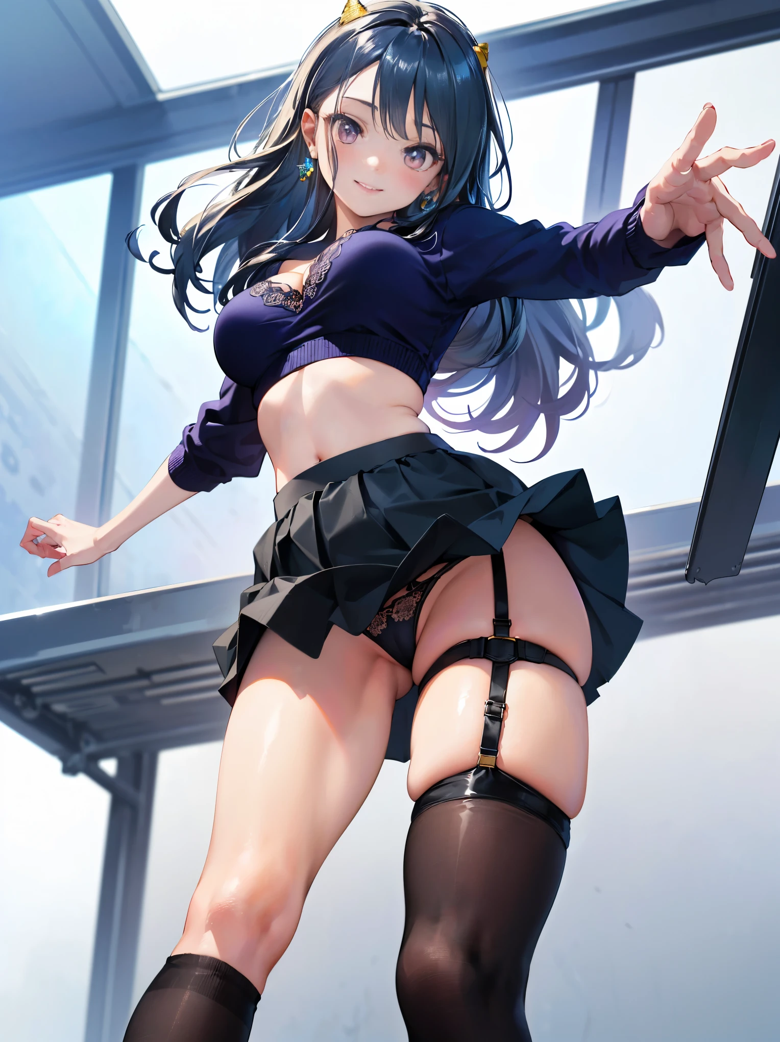 ,Show me your pants、Lace black underwear with a very small area、Big Breasts、((Small Head))、1 female、Sexy pose standing on one knee、(RAW Photos:1.2)、(Realistic:1.4)、Laughter、Textured skin、Highly detailed eyes and face、Beautiful and detailed、double eyelid、Large file size、(Enhances the beauty of skin texture:1.1)、High resolution、Highly detailed skin、highest quality、8k wallpaper、Cinema Lighting、Big Breasts,Fascinating underwear、Spread your legs、Solo with visible breasts, (curve:1.1), Looking down at the viewer, There is a smile on his face, ((From below:1.5)) Looking Back, ((Leaning forward)), View from behind, Long Hair, lipstick, Compensate, Ultra detailed hair, Highly detailed face, (Purple eyes:1.05), Perfect Eyes, Perfect Face, Earrings, (Confused, blush:1.2), , (Black knee socks, garter belt:1.1), zettai ryouiki, , High heels, (Big Breasts:1.1), Cleavage, Big Ass, Thighs Thighs Thighs Thighs, Showing panties, ((From the rolled up hem of the skirt to the crotch))