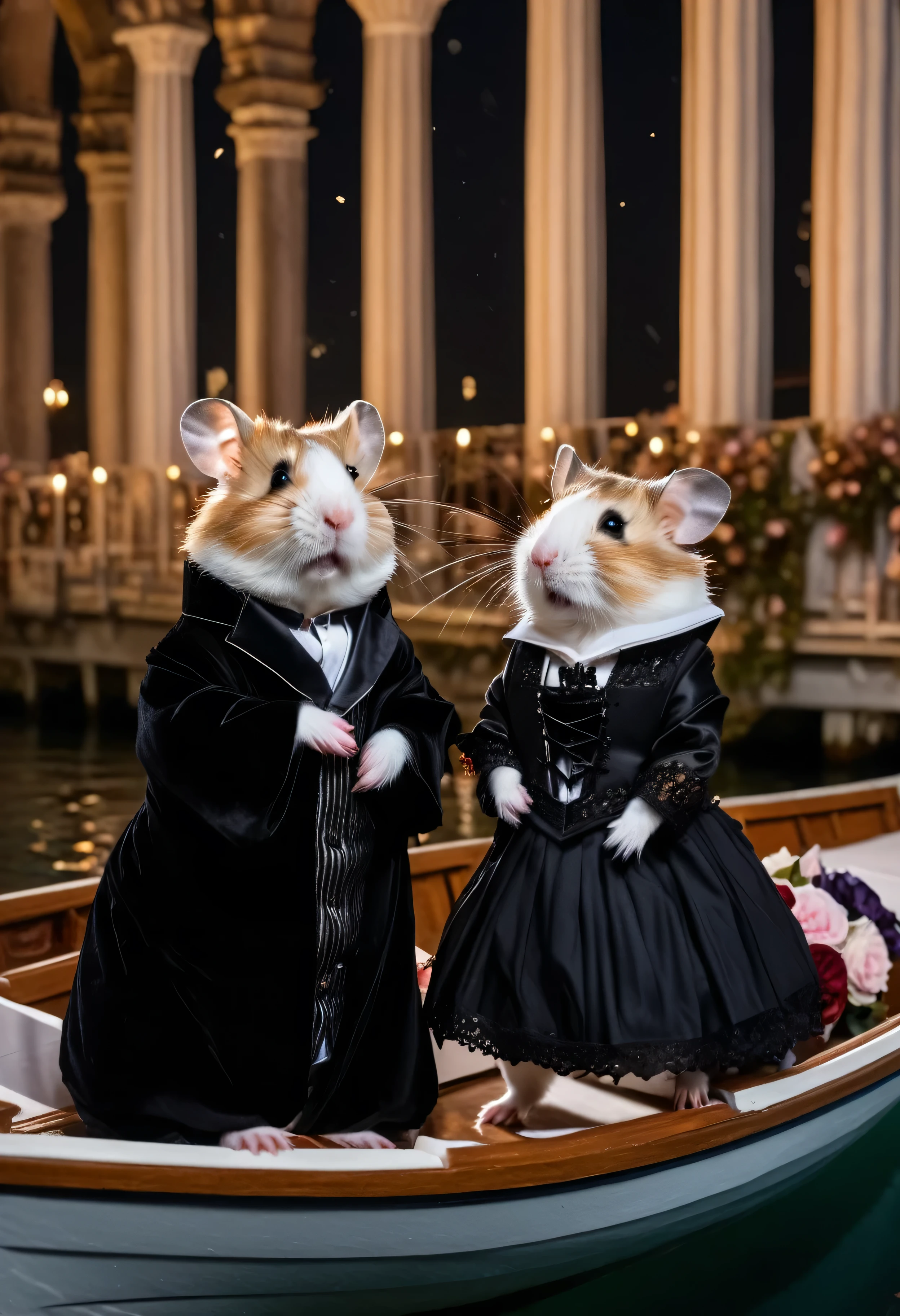 Award winning photography, close-up short, professional photo, cinematic lighting, masterpiece in maximum 16K resolution, ultra detailed, superb quality, side view of a hamster love couple standing on the (decorative romantic boat with sharp features:1.2), (Gothic clothes:1.4), (amidst the classic wedding ceremony), (columns surrounded with flowers, floating petals), serene romantic atmosphere, moonlit night.
