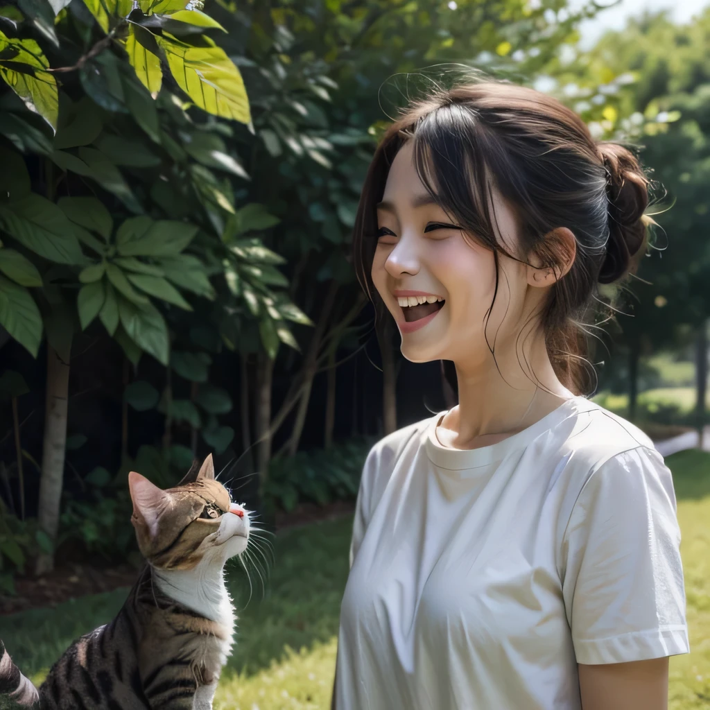 TOP quality,8K, masterpiece, (realistic:1.2), (1girl, cat:1.2), (laugh:1.3), (garden),