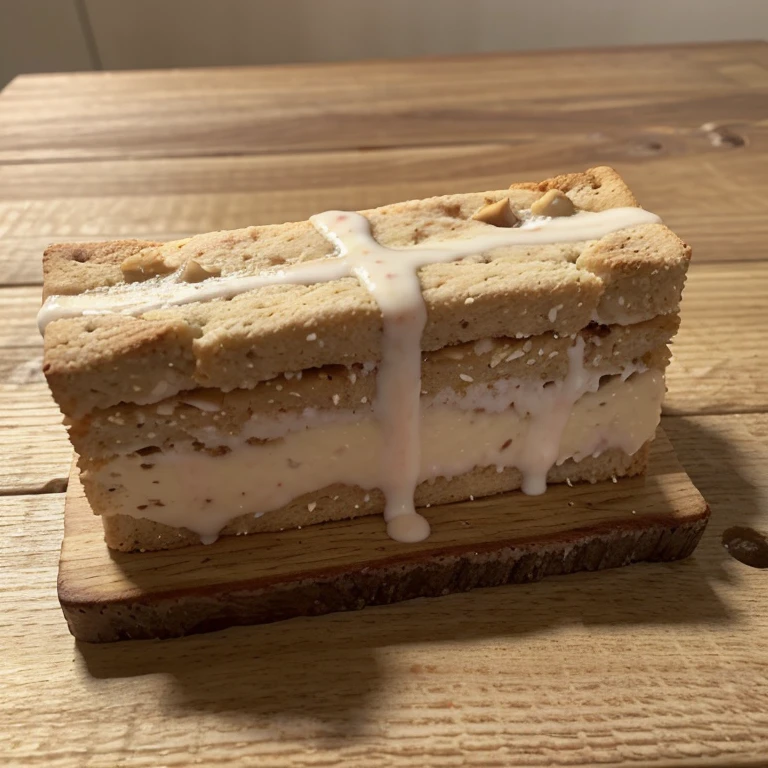 Barra nutricional de forma rectangular (como si fuera una galleta pero de forma rectangular y con consistencia de una galleta ) que contenga: avena, yogurt and nuts on a wooden table as realistic as possible