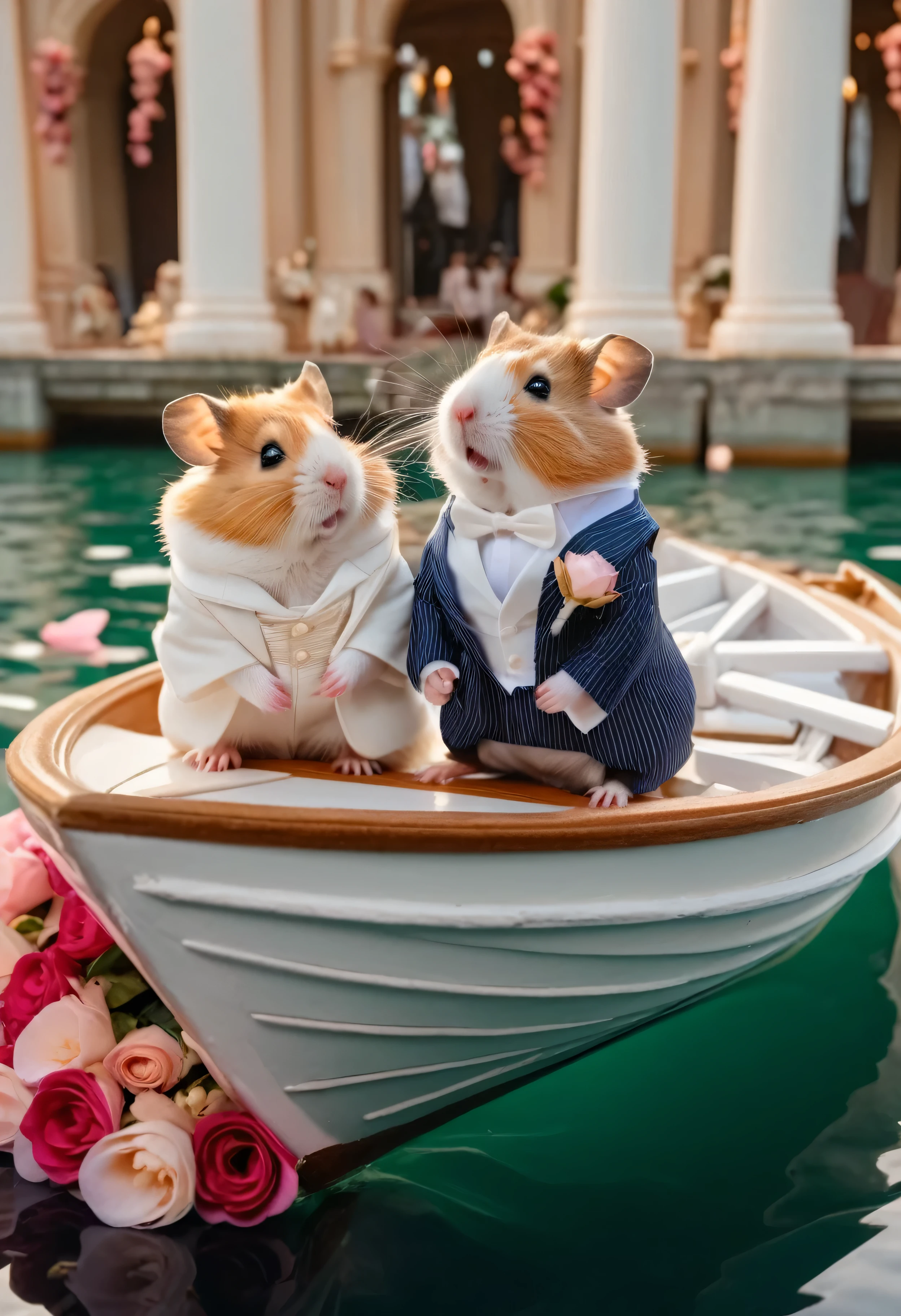 Award winning photography, close-up short, professional photo, cinematic lighting, masterpiece in maximum 16K resolution, ultra detailed, superb quality, side view of a hamster love couple standing on the (decorative romantic boat amidst the classic wedding ceremony), (stylish clothes:1.2), (columns surrounded with flowers, floating petals), divine aura, serene romantic atmosphere.