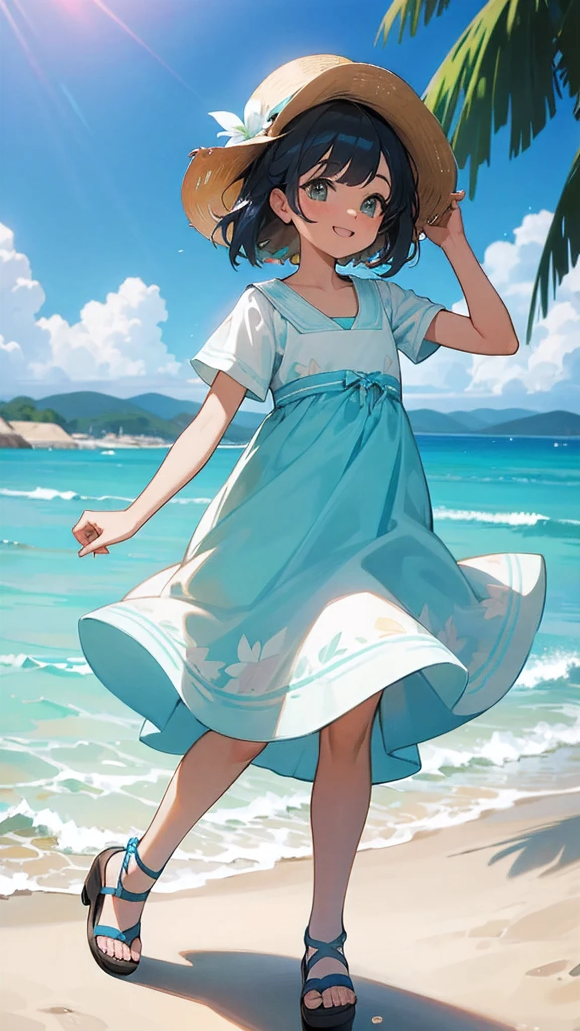 Tropical beach, white sand, tropical flowers, turquoise blue ocean waves, blue sky, seabirds, yellow sunshine, young woman smiling, happy, wearing pastel summer dress, sandals