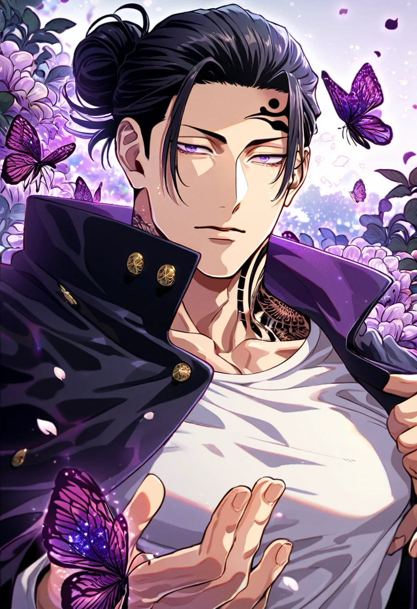 Ultra detailed, HDR, Highres, absurdres, master piece, Geto Suguru, black hair tied in a bun, expressive purple eyes, Jujutsu Kaisen, purple glittering butterflies, petals, fantasy, purple flowers, sexy man, solo, extremely detailed face and eyes, handsome, glittering, toned chest, black coat with patterns, white shirt, tattoo on his neck, cross