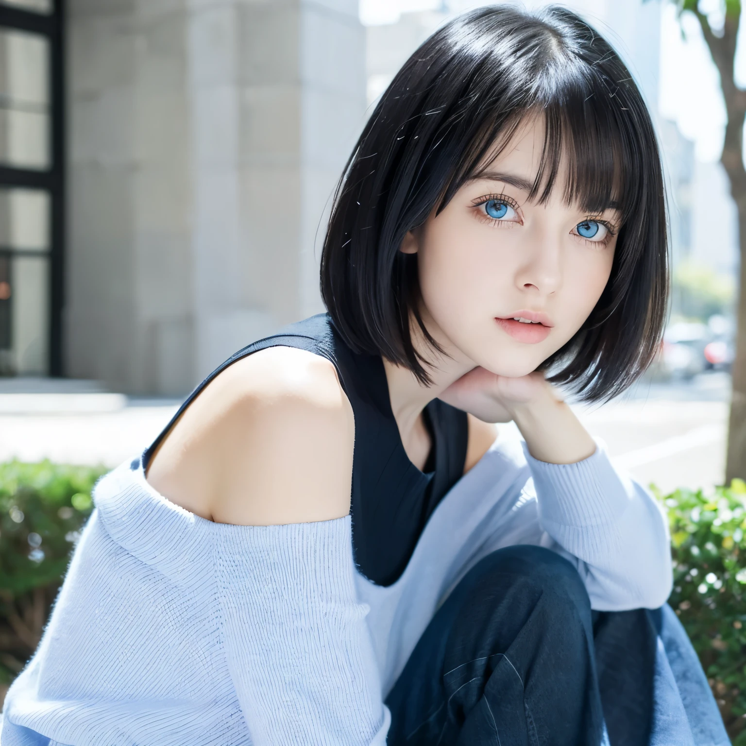 ((masterpiece))) whole body, (One Girl) ((Black Hair,Straight hair, Short Bob))), blue eyes, Beautiful Eyes, 18-year-old girl.AKB