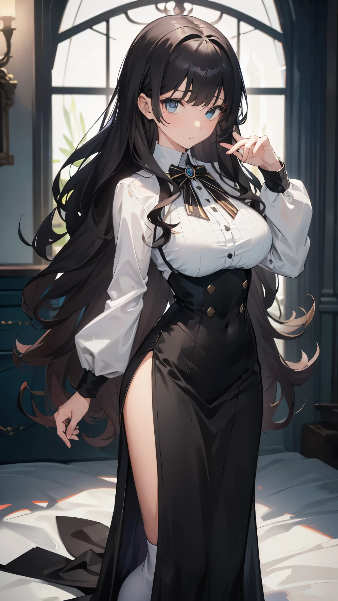 ((masterpiece, best quality)), Detailed face，High School Suit Jacket、long skirt、JK style，Full body painting，Perfect body proportions，Large Breasts，Long legs，((Long wavy hair)), ((Half of her hair is white，The other half is black，Divided into two colors))，beautiful eyes，Fantasy style，extremely beautiful，transparent，Sexy Lingerie，Lace，Pantyhose，exposed