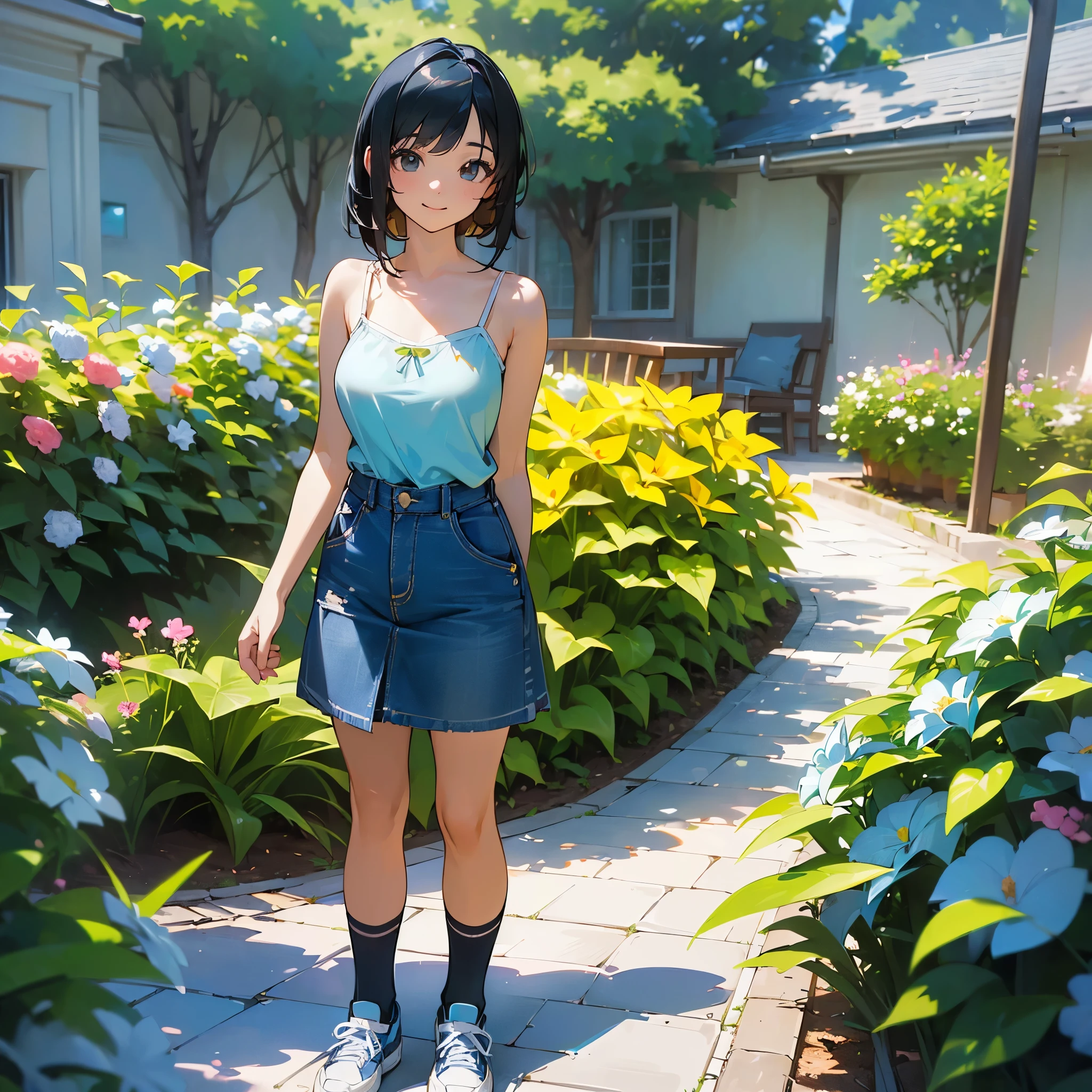 (high quality, High resolution, Very detailed, reality:1.37), Peaceful atmosphere, (Outdoor, garden), Teenage girl standing alone, (my breasts are big.), Beautiful details, Cute Smile, (Black bob hair), camisole, Denim skirt, Blue socks, sneakers.