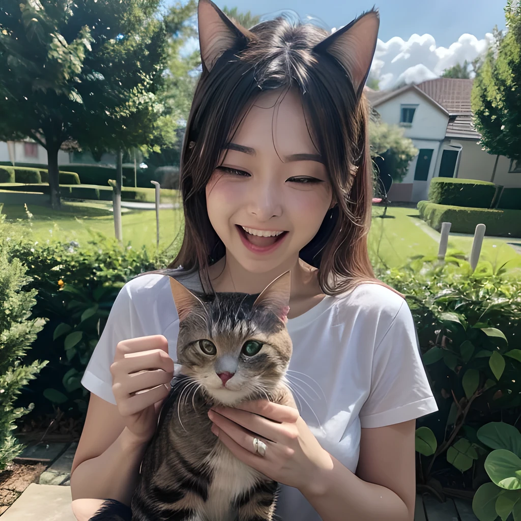TOP quality,8K, masterpiece, (realistic:1.2), (1girl, cat:1.2), (laugh:1.3), (garden),