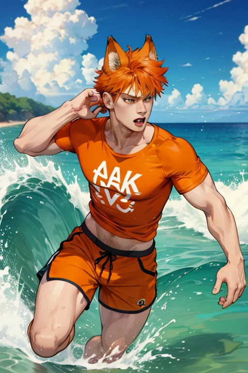 A muscular orange haired man with orange eyes and orange fox ears and an orange fox tail in splashing in a t-shirt and shorts is splashing in the waves at the beach